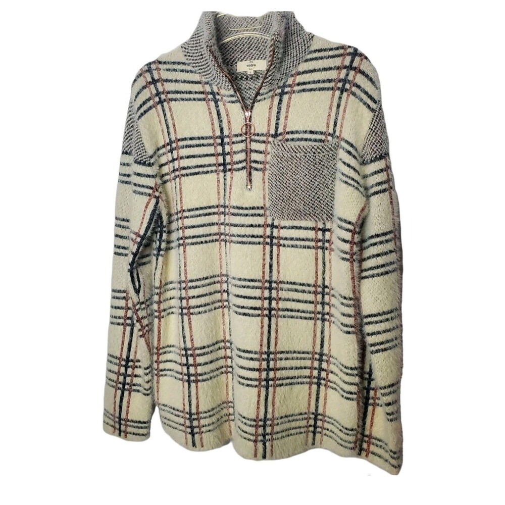 Entro Anthropologie Quarter Zip Fuzzy Sweater Women Large Black Rose Gold Plaid